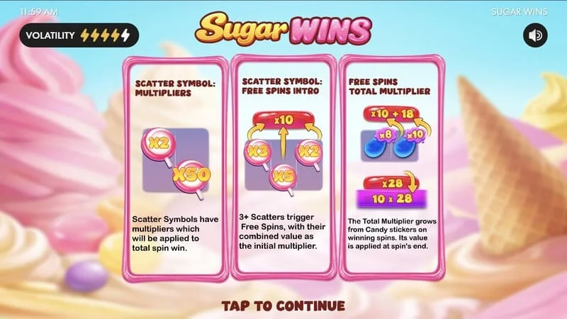 Sugar Wins - meniul principal al slotului